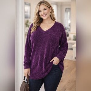 Cherokee Sweater 1X Purple Chenille V-Neck Cozy Soft Plush Plus Size Everyday